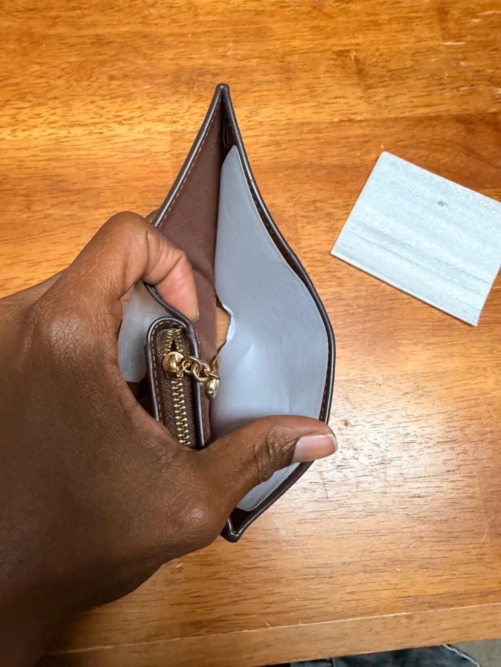 Coach Compact Signature Trifold Wallet in Brown and Tan - Picture 3 of 7